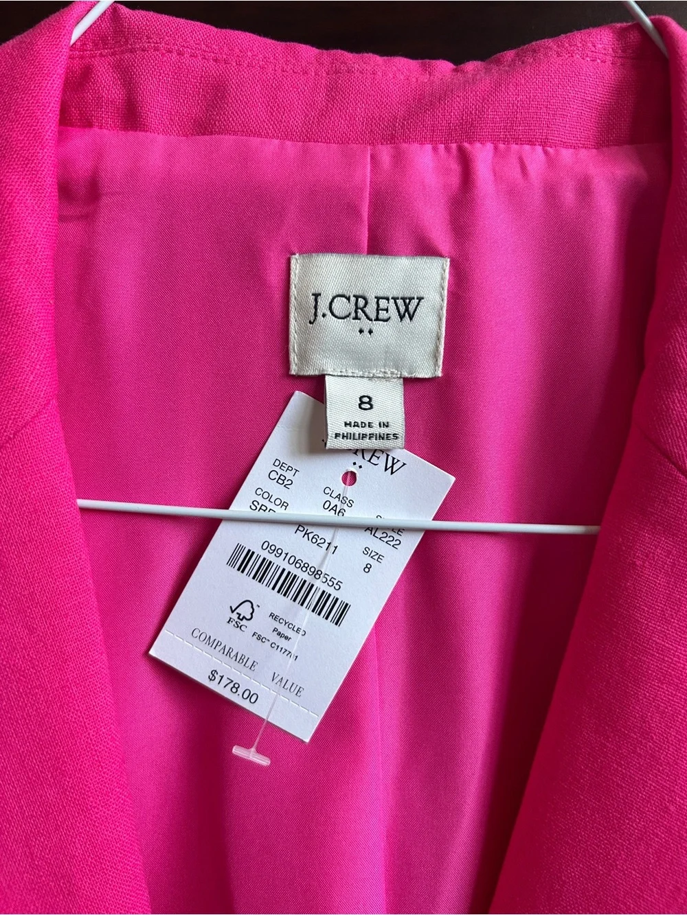 J. Crew NWT Parke Blazer Linen Cotton Bright Pink Flat Pocket Jacket 8